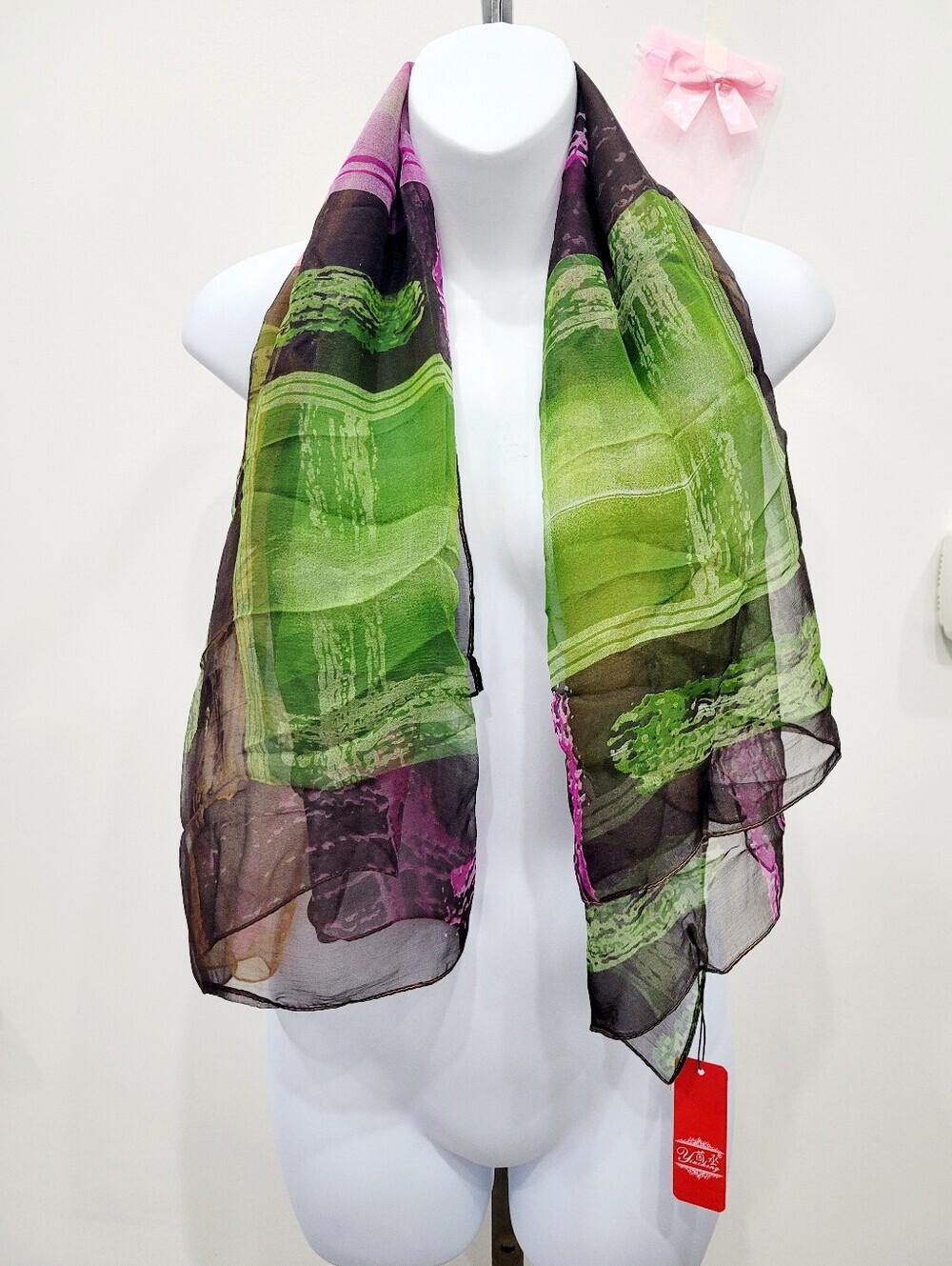 Brand New 100% Silk Green & Pink Square Scarf